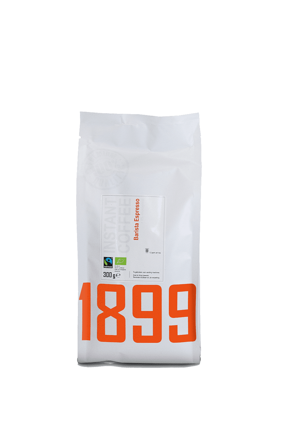 1899 Instant Barista | Geen Reflectie Een wit 1899 Instant Barista koffiepak met het logo van 1899 groot voorop